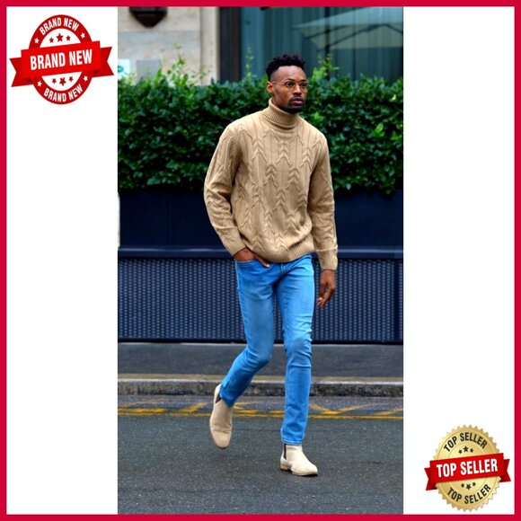 Slim Fit Turtleneck Sweater Cable Knit Mock Neck Pullover Chunky Warm Casual - Picture 7 of 7